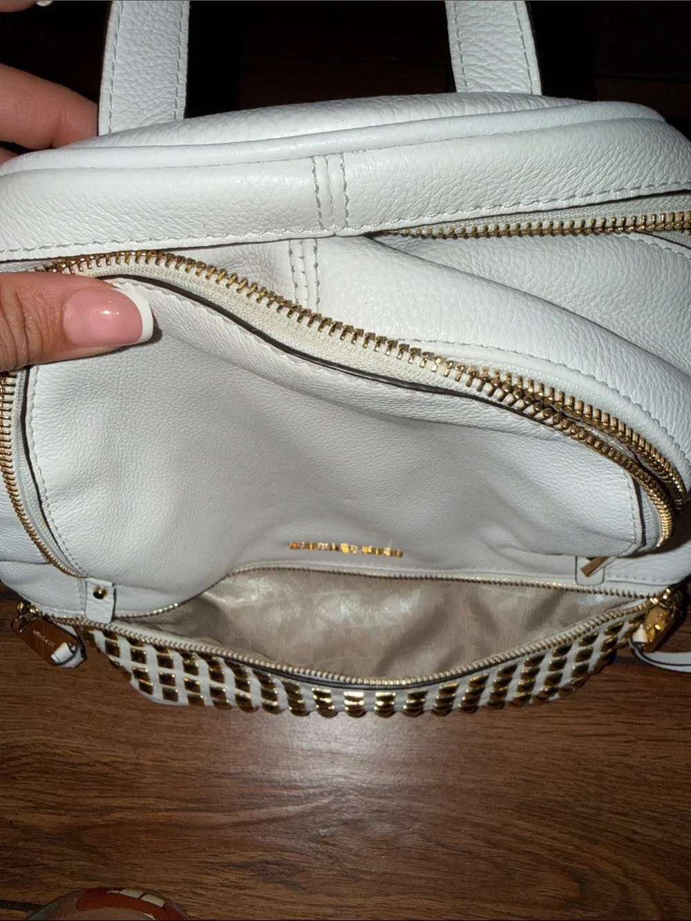 Michael Kors Cream Leather Backpack with Gold Stud Accents